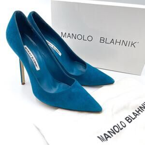 Manolo Blahnik BB Suede Pumps Teal Pointed Stiletto Heels‎ Slip On Sz 38.5 / 8.5